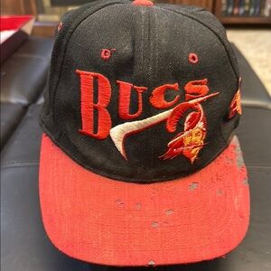 Vintage Bucs Black and Red Cap with orange conquistador.
